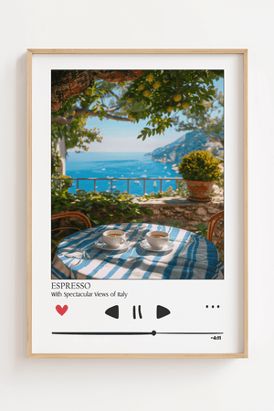Amalfi espresso plakat med kaffekopper på terrasse og havudsigt i Italien