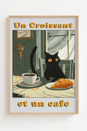 Croissant cat café plakat med kat, kaffe og croissant illustration
