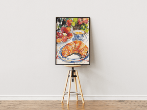 French breakfast plakat med croissant, te og frugt illustration