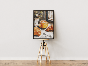 Paris café morning plakat med croissanter og kaffe på cafébord