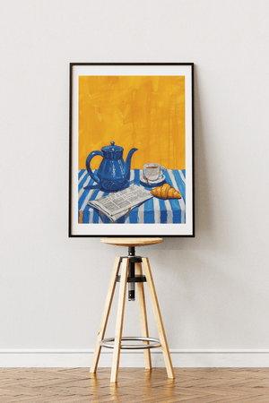 Morning table plakat med kaffekande, croissant og avis illustration