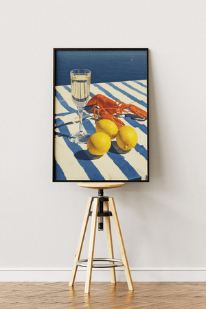 Mediterranean lunch plakat med hummer, citroner og champagne ved havet