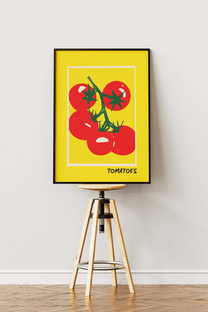 tomat plakat med røde tomater på gren og gul baggrund illustration