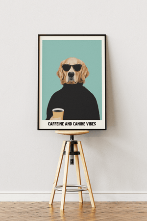 Coffee dog plakat med hund i solbriller der holder kaffe