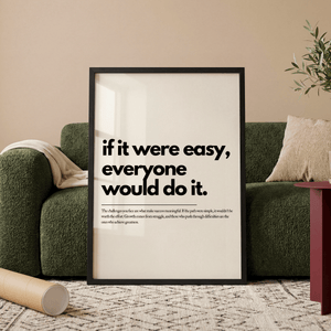 Motiverende plakat med teksten if it were easy everyone would do it i minimalistisk sort typografi.