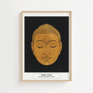 Buddha plakat med gyldent ansigt på mørk baggrund – spirituel vægdekoration