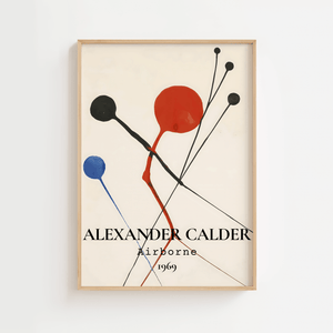 Alexander Calder Airborne 1969 plakat med abstrakt kunst i rød, blå og sort