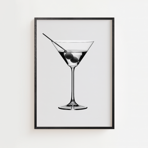 Sort hvid cocktail plakat med martiniglas og oliven
