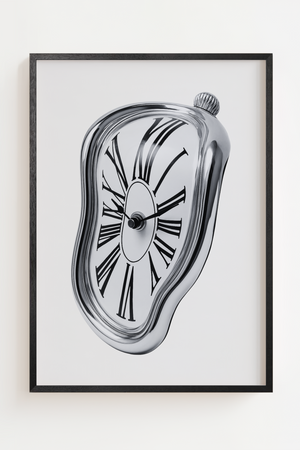 Sort hvid plakat med surrealistisk smeltende ur og romertal
