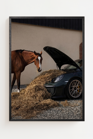 Plakat med hest ved siden af en sportsvogn fyldt med hø.