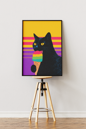 Rainbow ice cream cat plakat med sort kat og farverig is