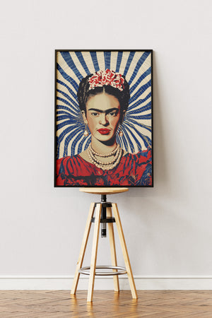 Frida Kahlo plakat med blå og hvide stråler i baggrunden