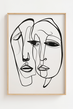 Line art plakat med to abstrakte ansigter tegnet i sorte, flydende streger på en hvid baggrund i et minimalistisk udtryk.