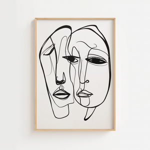 Line art plakat med to abstrakte ansigter tegnet i sorte, flydende streger på en hvid baggrund i et minimalistisk udtryk.