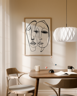 Line art plakat med to abstrakte ansigter tegnet i sorte, flydende streger på en hvid baggrund i et minimalistisk udtryk.