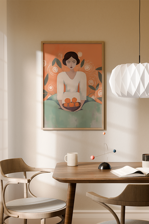 Illustrationsplakat med en stiliseret kvinde, der holder en skål med appelsiner foran en varm orange baggrund med blomster og grønne blade.