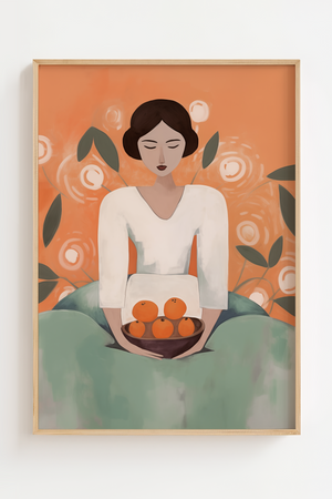 Illustrationsplakat med en stiliseret kvinde, der holder en skål med appelsiner foran en varm orange baggrund med blomster og grønne blade.