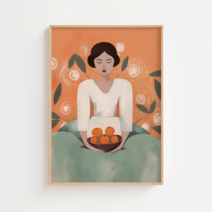 Illustrationsplakat med en stiliseret kvinde, der holder en skål med appelsiner foran en varm orange baggrund med blomster og grønne blade.