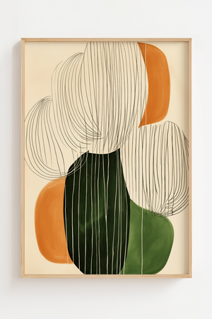 Illustrationsplakat med organiske former i grønne, orange og sorte nuancer kombineret med fine håndtegnede linjer på lys baggrund.