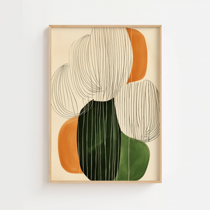 Illustrationsplakat med organiske former i grønne, orange og sorte nuancer kombineret med fine håndtegnede linjer på lys baggrund.
