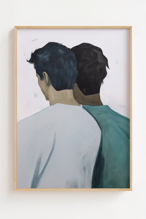 Illustrationsplakat med to personer set bagfra, stående tæt skulder ved skulder i bløde blå, grønne og neutrale nuancer.