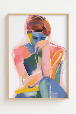Illustrationsplakat med en abstrakt siddende figur udført i livlige penselstrøg med blå, rosa, orange og gule nuancer på en lys baggrund.