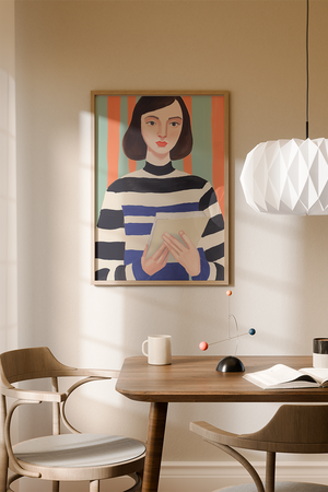 Illustrationsplakat med en stiliseret kvinde i sort- og blåstribet bluse, der holder en bog foran en baggrund med grønne og koralfarvede striber.