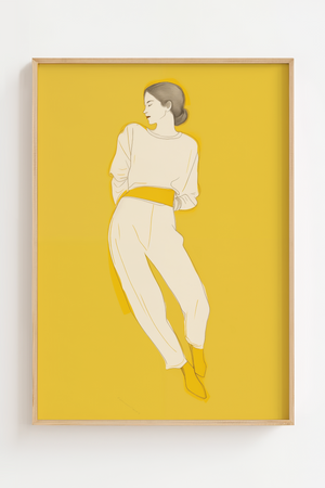 Illustrationsplakat med en stiliseret kvindefigur i lyse nuancer på en kraftig solgul baggrund med et minimalistisk og moderne udtryk.
