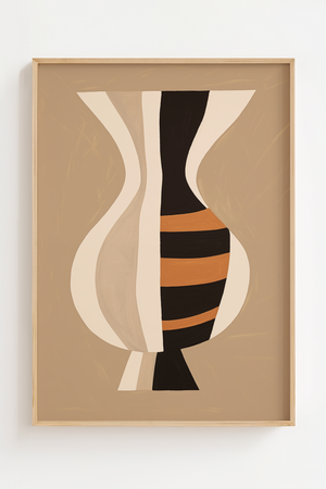 Illustrationsplakat med en abstrakt vase i creme, sort og terrakottafarvede former på en varm beige baggrund.