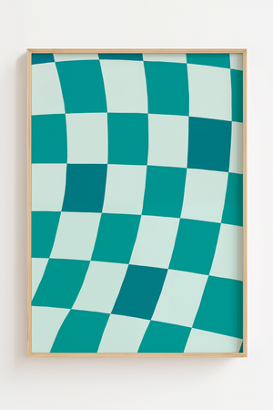 Illustrationsplakat med bølget skakternet mønster i turkise og lyse mintgrønne felter i et moderne grafisk design.