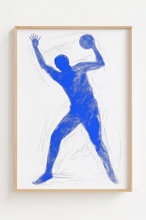 Illustrationsplakat med blå figur i dynamisk bevægelse med en bold på lys baggrund.