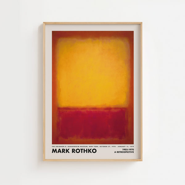 Abstrakt plakat i varme røde og gule farver inspireret af Mark Rothkos farvefelter, perfekt til moderne indretning og billedvægge.