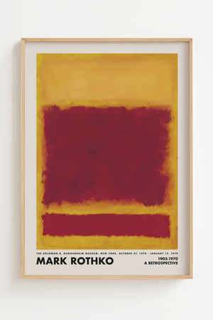 Abstrakt plakat i dybe røde og gyldne farver inspireret af Mark Rothkos farvefelter – perfekt til moderne indretning og kunstneriske billedvægge.