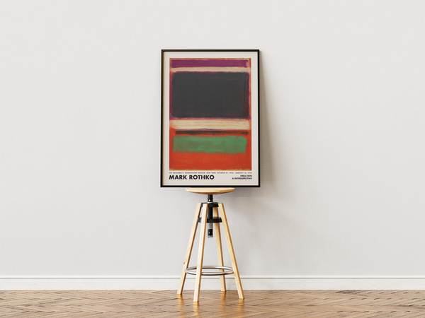 Abstrakt plakat med mørke og farverige felter i lilla, sort, grøn og orange inspireret af Mark Rothkos ikoniske farvekompositioner.