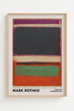 Abstrakt plakat med mørke og farverige felter i lilla, sort, grøn og orange inspireret af Mark Rothkos ikoniske farvekompositioner.