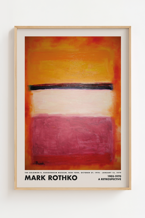 Abstrakt plakat med varme orange og røde farvefelter, lyst midterfelt og mørk vandret linje inspireret af Mark Rothkos farvekompositioner.