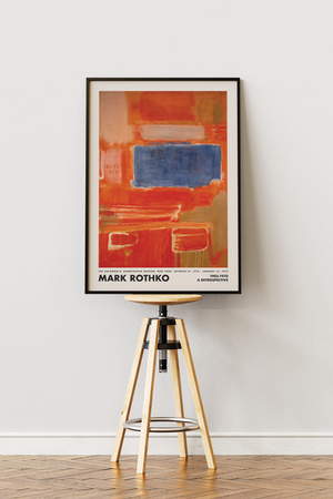 Mark Rothko plakat med blåt felt over rød-orange baggrund – abstrakt kunsttryk.