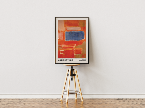 Mark Rothko plakat med blåt felt over rød-orange baggrund – abstrakt kunsttryk.