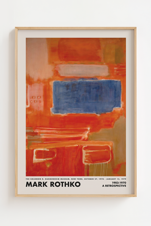 Mark Rothko plakat med blåt felt over rød-orange baggrund – abstrakt kunsttryk.