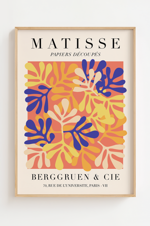 Colorful Paper Shapes Matisse plakat med farverige cut-out blade i blå, gul og orange.