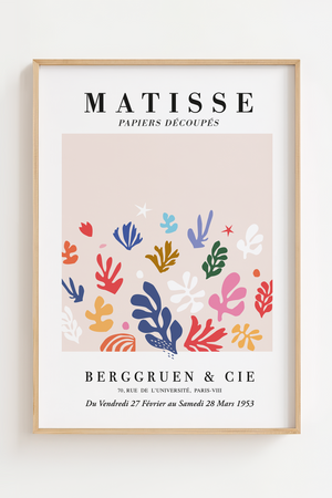 Matisse plakat med farverige, organiske bladformer i pastelfarver på lys baggrund – inspireret af Matisse’ papirklipkunst.
