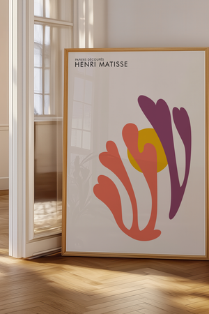 Sunrise Leaves Matisse plakat med abstrakte blade i orange og lilla samt gul cirkel – moderne vægkunst inspireret af Henri Matisse.