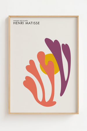 Sunrise Leaves Matisse plakat med abstrakte blade i orange og lilla samt gul cirkel – moderne vægkunst inspireret af Henri Matisse.