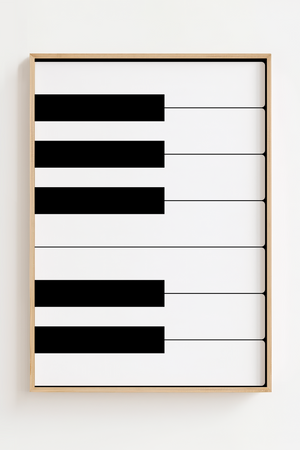 Sort/hvid Piano Keys plakat med minimalistisk design af klavertangenter.