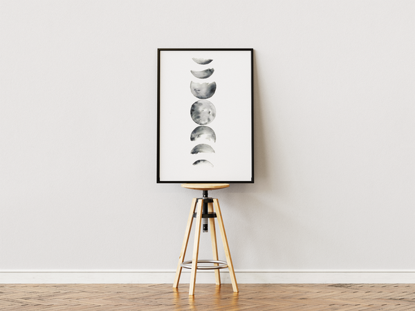 Månefaser plakat i sort-hvidt minimalistisk design med illustration af månens forskellige faser