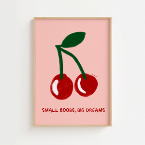 En legende og selvsikker plakat med et humoristisk feministisk budskab. De røde kirsebær symboliserer styrke