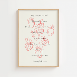 Strawberry Lines &amp; Balance Plakat kombinerer håndtegnede jordbær i fine røde linjer med poetisk tekst
