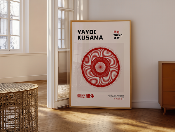 Red Circle – Yayoi Kusama plakat med røde cirkler i hypnotisk grafisk mønster – moderne kunstplakat i minimalistisk stil.
