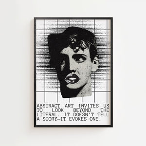 Abstrakt ansigt plakat med gitterstruktur og citat i sort hvid, sort ramme