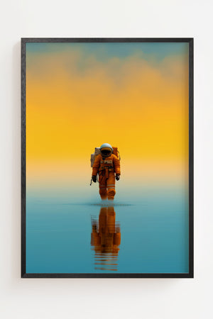 Astronaut i Ørkenen plakat med orange rumdragt og farveovergang, sort ramme